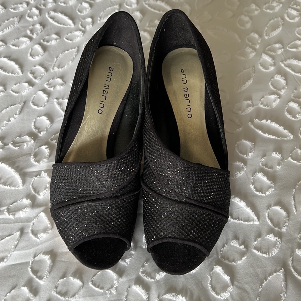 Ann Marino Asymmetrical Black Glitter Heels